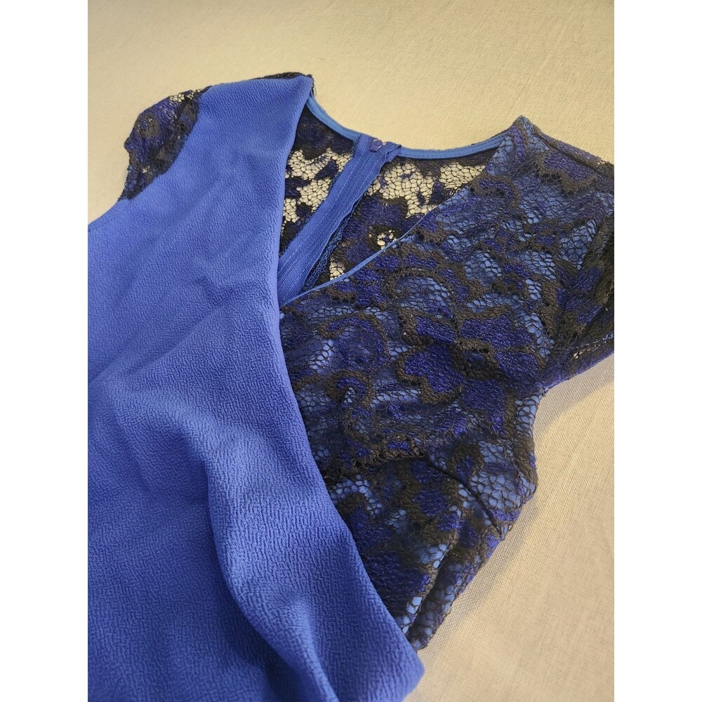 KaFe Design Blue/Black Floral Lace Sheath Cap Sleeve V-Neck Lined Zip #006